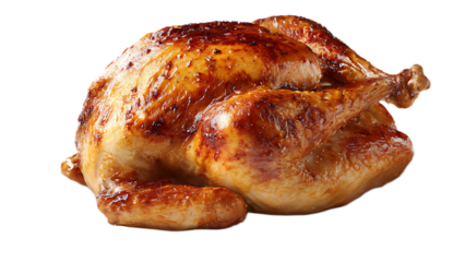A perfectly roasted whole chicken with golden brown skin against a plain black background studio shot