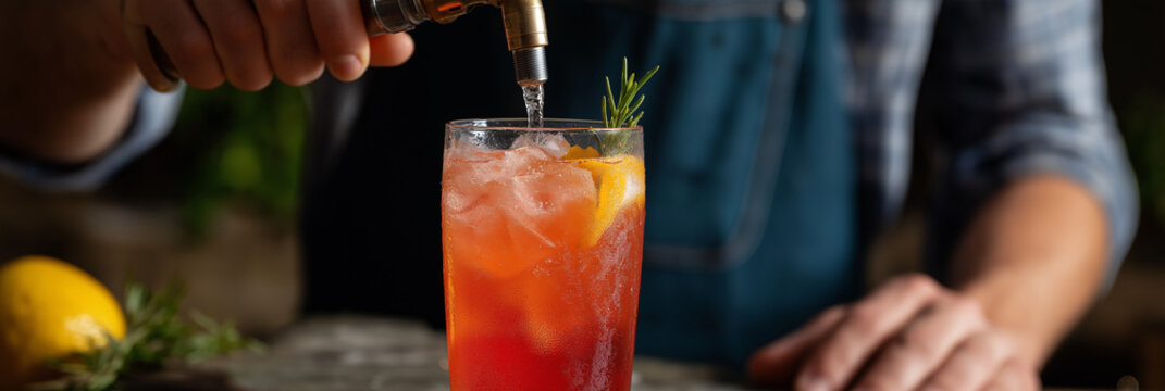 A bartender skillfully prepares a vibrant cocktail with ice and garnishes, showcasing the art of mixology and the thrill of flavor creation in an inviting atmosphere.