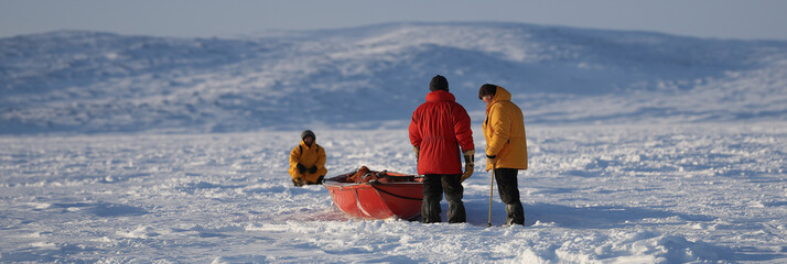 In the heart of the frozen wilderness, adventurers don bright jackets as they prepare their kayak for an exhilarating journey, showcasing human resilience and camaraderie in nature.