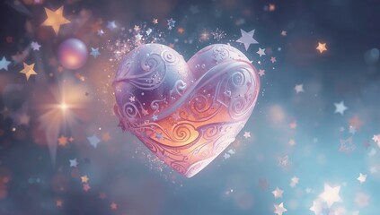 Ornamental heart surrounded by stars and bokeh lights in blue tones