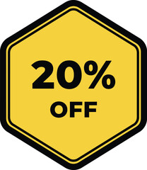 Bright yellow hexagon sign with 20 percent off discount message