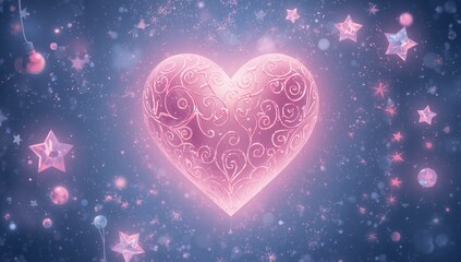 Pink glowing heart surrounded by stars and bokeh lights in blue tones