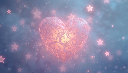 Glowing heart surrounded by stars and bokeh lights in pink and blue tones