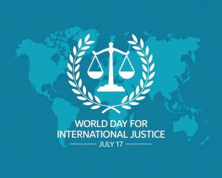 World day for international justice with scales and world map on a blue background design