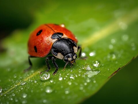 Detailed macro photograph of a vibrant red ladybug with black spots resting on a fresh green leaf covered in sparkling water droplets