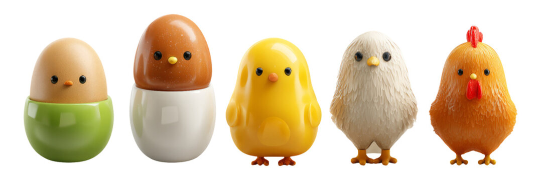 Cute Colorful Cartoon Easter Egg Characters with Chickens and Baby Birds