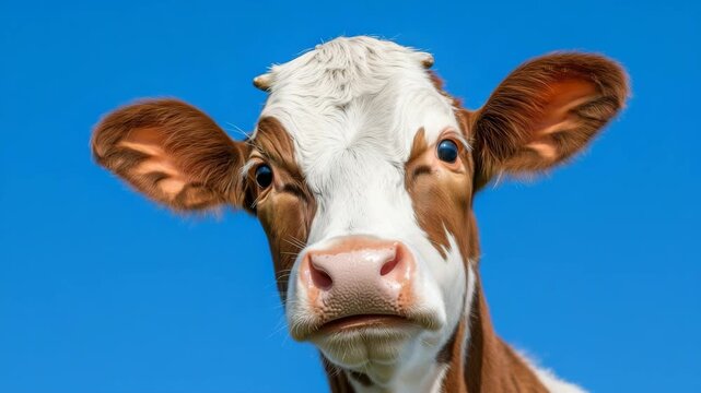 Brown and white cow with curious expression under clear blue sky in a farm setting