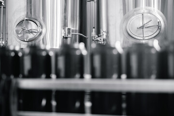 Industrial beer factory with stainless steel fermentation tanks