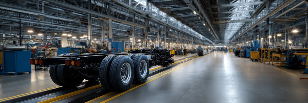 An industrial factory interior captures a truck chassis on a production line, showcasing the blend of technology, machinery, and modern manufacturing processes at work.