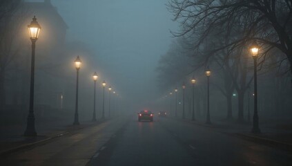 Foggy street with street lights and car in the distance