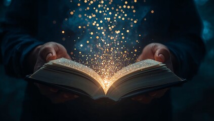 Hands holding an open book with magical light and sparkles