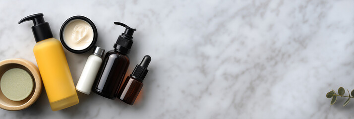 An aesthetically pleasing display of skincare products arranged on a marble surface, highlighting the importance of beauty and self-care in daily routines.