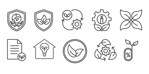 Fototapeta premium eco friendly icon set collection in outline style. Icon pack contain eco friendly, Save the world, save forest, enviromental, green factory, leaf, eco friendly fabric, eco home, organic product