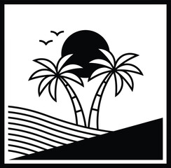 Stylized black and white illustration of palm trees and a setting sun