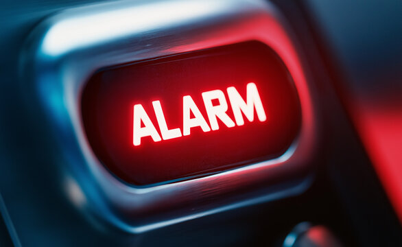 Red illuminated rectangular alarm button on a metallic surface.
