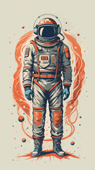 Full-body illustration of an astronaut in a detailed spacesuit with orange and red artistic accents.