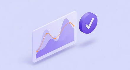 Purple graph with orange line and checkmark icon chart data