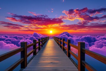 Fototapeta premium Wooden Path to Sunset Over Clouds Dreamy Sky