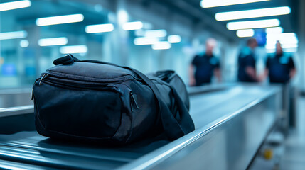 Black travel bag on conveyor belt at airport security check.
