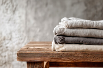 Obraz premium Stacked linen textiles with frayed edges on a rustic wooden table against a soft gray wall.