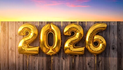 Golden foil balloons spelling out the year 2026 against a wooden fence and a colorful sunset sky.