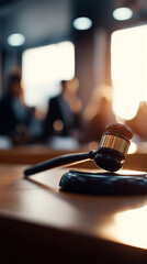 Wooden gavel in courtroom with blurred people in background symbolizing justice, law, and legal decision.  
