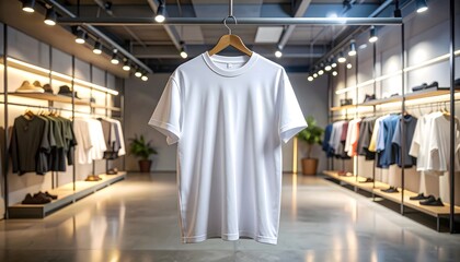 A plain white t-shirt hangs on a wooden hanger in a modern clothing store with racks of apparel visible in the background.