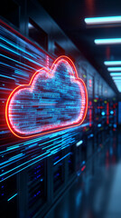 Digital cloud symbol with glowing data lines in server room representing cloud computing and data storage technology.  
