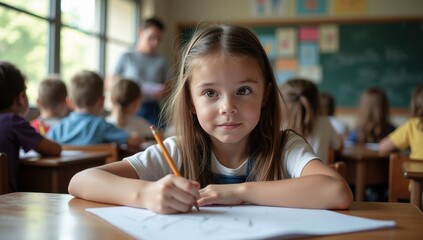 A girl draws during a lesson in a sunny classroom