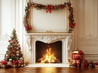 Christmas fireplace burning with christmas tree and presents in elegant white room