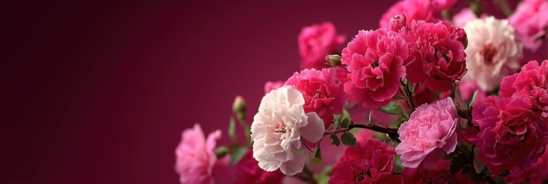 Elegant macro closeup of blooming pink and white carnations under soft ambient light for packaging design.

