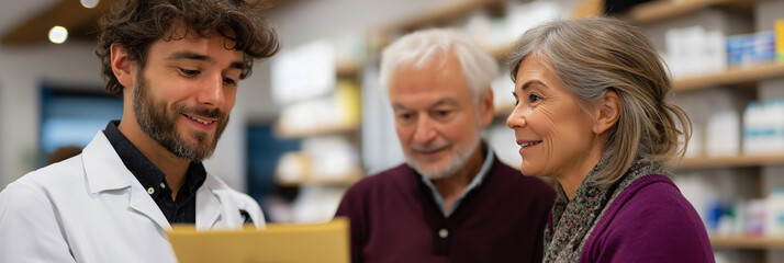 A pharmacist is engaging with elderly customers in a pharmacy, reflecting the importance of trust and care in healthcare services for the aging population.