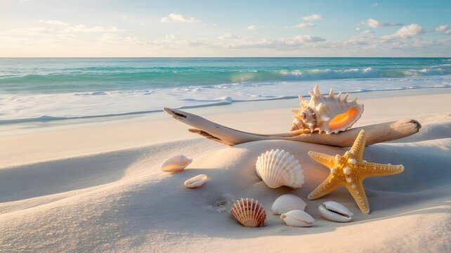 Seashells and starfish on a sandy beach with ocean waves at sunset - Powered by Adobe