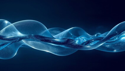 Abstract blue wave of particles on dark background, flowing concept