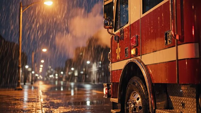 Emergency Fire Truck Driving Through Heavy Rain on a Wet City Street at Night
