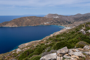 View of the Aegiali bay and town from above, Amorgos, Cyclades, Greece