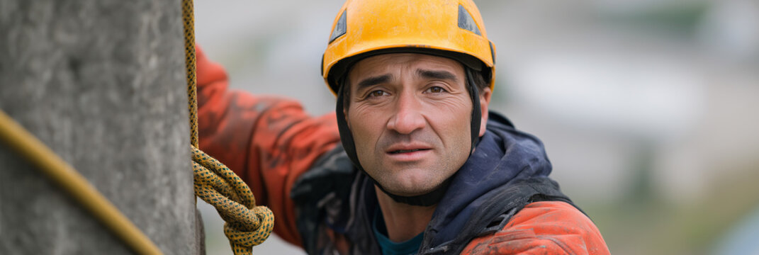 A rugged outdoor worker harnessed and climbing with determination, epitomizing safety and skill while navigating the challenges of tall structures in various environments.