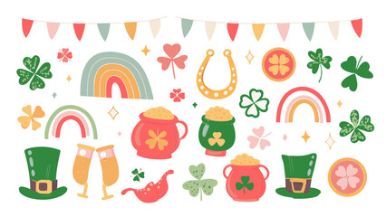 St. Patrick’s Day hand drawn cute, vintage doodle elements. shamrocks, leprechaun hats, pots of gold, rainbows, beer mugs, Celtic knots. Holiday retro decorations. Vector illustration.