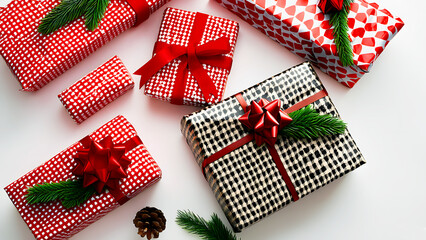 Fototapeta premium Various New Year gifts with bows on a white background