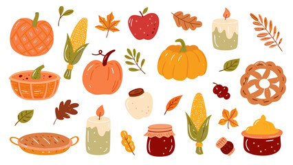Vintage autumn harvest set crayon drawn kids. Cute autumn harvest. Hand drawn crayon doodle pumpkins, corn, apples, pies, jam jars, wheat bundles, fall leaves. Vector illustration.