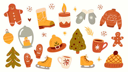 Vintage Winter elements set crayon drawn kids. Cute Winter season. Hand drawn crayon doodle snowflakes, mittens, scarves, wool hats, mugs. Vector illustration.