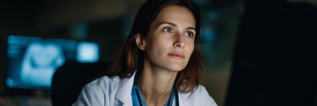 A focused female doctor sits at her desk analyzing medical data on a computer monitor, symbolizing dedication and professionalism in healthcare and patient care.