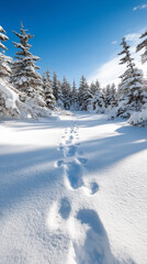 Obraz premium Snow-covered landscape with trail of footprints leading through winter forest under clear blue sky. 