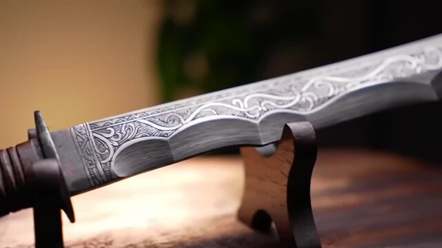 Ornate blade knife, intricate wood handle