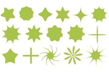 Set of various shape icon illustrations. Point deco of colorful shapes in the form of polygons, stars, geometry, flowers.