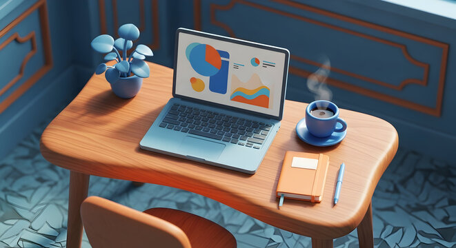 3D isometric workspace featuring a laptop displaying colorful business growth charts on a wooden desk with a hot coffee cup