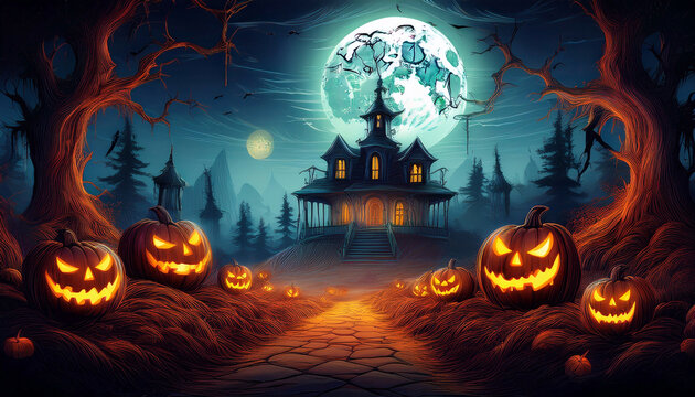 halloween scene horror background with creepy pumpkins of spooky halloween haunted mansion evil houseat night with full moon