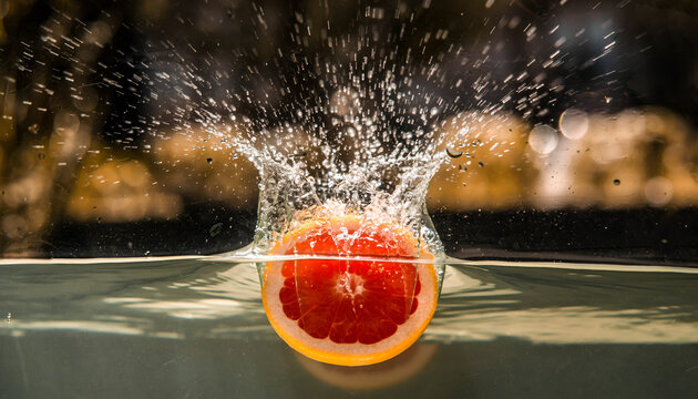 Close up shot of a grapefruit half splashing into clear water creating a dramatic explosion of droplets and ripples against a blurred natural background