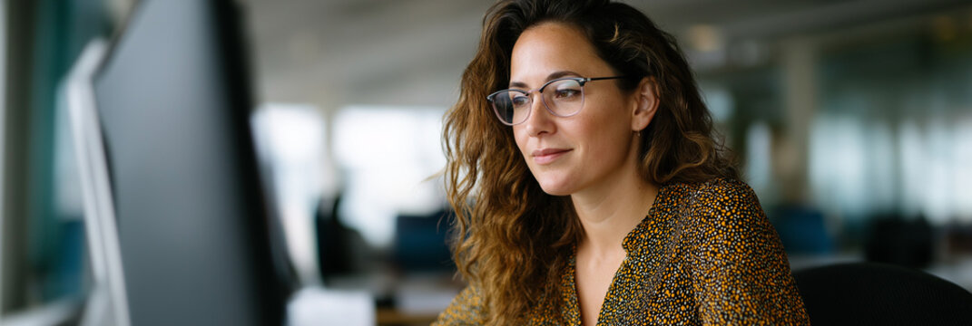 A woman is intently focused on her computer screen at a modern office, highlighting themes of productivity and concentration in a contemporary work environment.