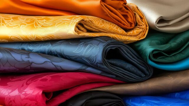 Vibrant collection of colorful fabrics stacked neatly on display for textile enthusiasts and designers in a bright workshop